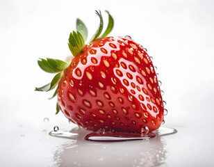 Fresh Single Strawberry with Dew Drops on Surface and Reflection on White Background - Detailed Close-up for Culinary and Nutritional Concepts