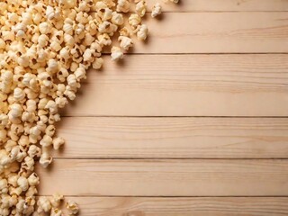 Beige wooden background mockup with popcorn around. Pattern, texture, banner, design poster copy space. Cinema, movie, watching movies, film making industry concept

