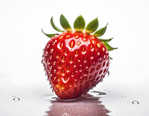 Fresh Single Strawberry with Dew Drops on Surface and Reflection on White Background - Detailed Close-up for Culinary and Nutritional Concepts 