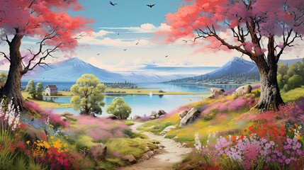 Illustration of a colourful spring landscapes. 