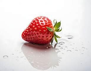 Fresh Single Strawberry with Dew Drops on Surface and Reflection on White Background - Detailed Close-up for Culinary and Nutritional Concepts 