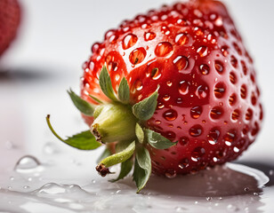 Fresh Single Strawberry with Dew Drops on Surface and Reflection on White Background - Detailed Close-up for Culinary and Nutritional Concepts 