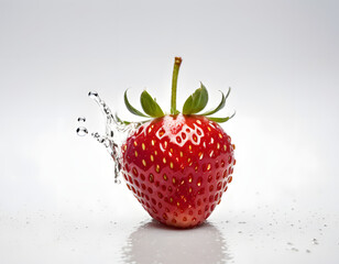 Fresh Single Strawberry with Dew Drops on Surface and Reflection on White Background - Detailed Close-up for Culinary and Nutritional Concepts 