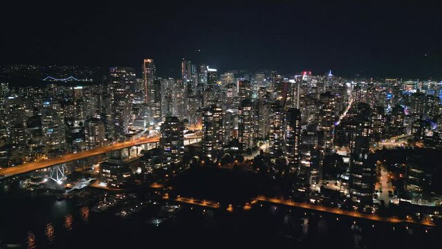 Aerial view on downtown of Vancouver at night, Canada