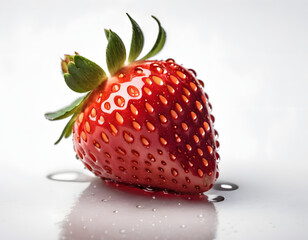 Fresh Single Strawberry with Dew Drops on Surface and Reflection on White Background - Detailed Close-up for Culinary and Nutritional Concepts