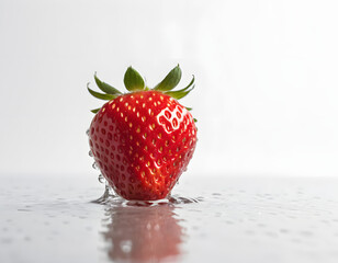 Fresh Single Strawberry with Dew Drops on Surface and Reflection on White Background - Detailed Close-up for Culinary and Nutritional Concepts