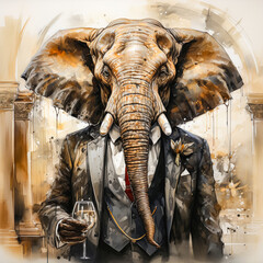  watercolor illustration of an elephant in a business suit
