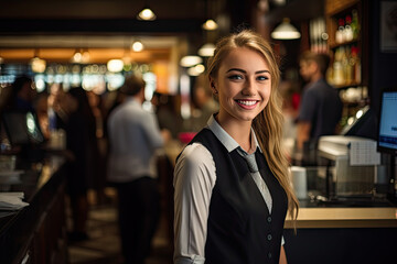 Fototapeta premium Smiling Saleswoman and Cashier Assisting Happy Customers