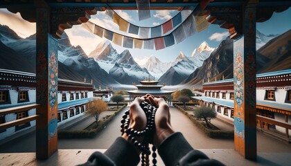 Serenity Amidst the Peaks: Prayer Beads and Himalayan Views - Powered by Adobe