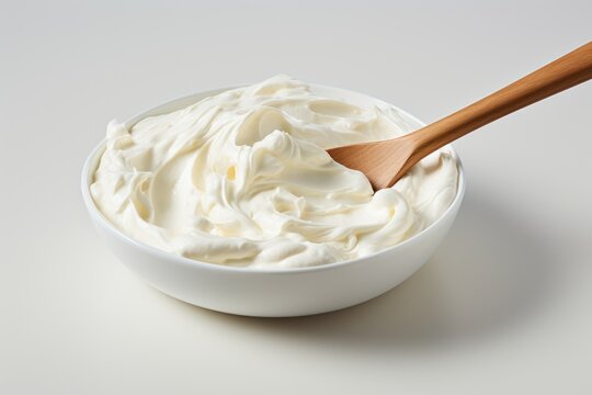 whipped cream, sour cream in a bowl with a wooden spoon