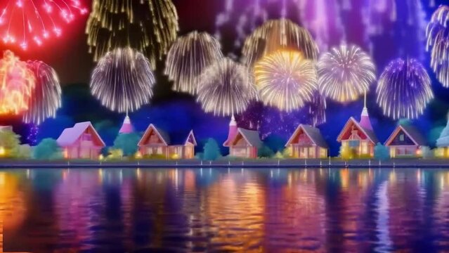 Launch of colorful fireworks over houses, lake. A short video of colorful New Year's fireworks.