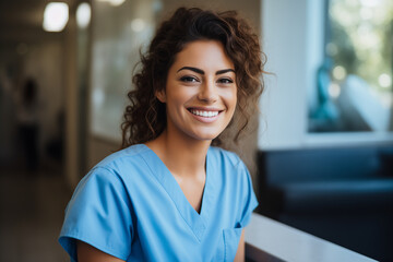 female latina doctor smiling into the camera. professional healthcare system and friendly employer at hospital. - obrazy, fototapety, plakaty