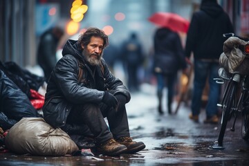 Obraz premium Sad homeless man sitting on the street in winter. Homelessness concept.