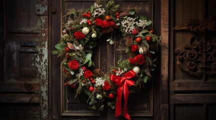 Fototapeta na wymiar Christmas Wreath on a Rustic Door