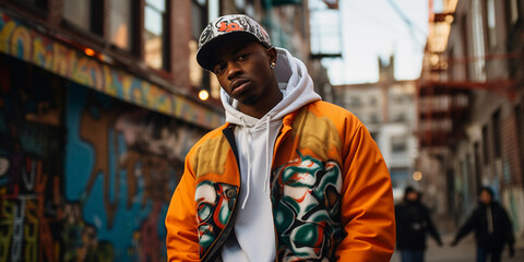 Hip-Hop Artist in Brooklyn: Full-length portrait of a hip-hop artist with dynamic streetwear,...