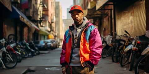 Fototapeta na wymiar Hip-Hop Artist in Brooklyn: Full-length portrait of a hip-hop artist with dynamic streetwear, captured in the vibrant streets of Brooklyn, New York, with graffiti art in the background