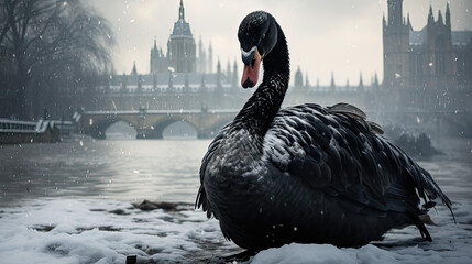 Gothic portrayal of a black swan contrasted against the snow-covered banks AI generative