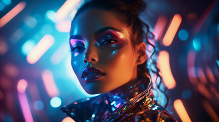 Modern glamour portrait with a futuristic twist, metallic eyeshadow, high-tech accessories, neon lights reflecting on glossed skin