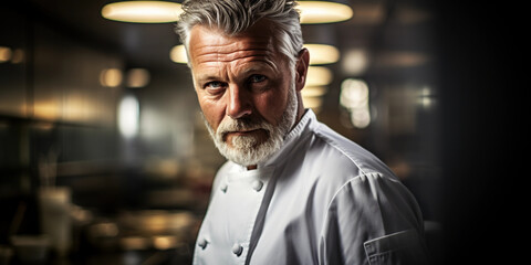 Renowned Chef in His Element: Ultra-detailed profile portrait of a renowned chef, intense focus, in a professional kitchen, wearing a white chef's coat, the chaos of the kitchen blurred in the backgro