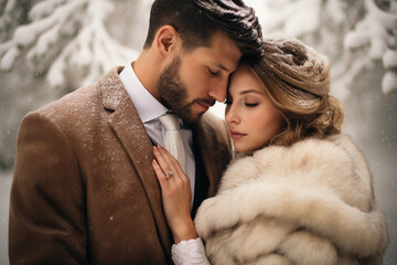 Winter wonderland wedding portrait, snowy landscape, couple wrapped in a luxurious faux fur stole, warm embrace