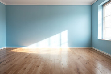 Living room with sunlight shine through a sliding door, wooden floor, blue wall. Generative AI