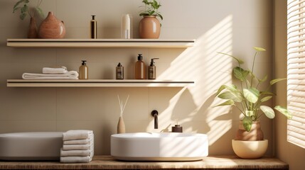 Fototapeta na wymiar Merge functionality with style through open shelving solutions in the bathroom. Generative AI