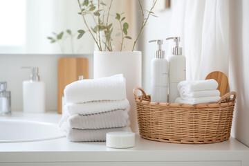 Corner of the bathroom cabinet. Shelving unit and baskets with clean towels and toiletries....