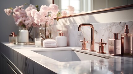 A bathroom with pink flowers and a sink. Elegance with rose gold fixtures shining in the bathroom. Generative AI