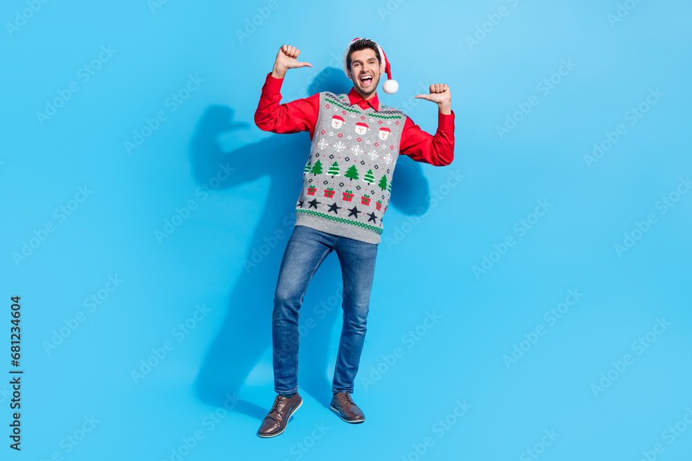 Sticker Full length photo of assertive perky funky guy wear christmas hat print waistcoat directing at himself isolated on blue color background