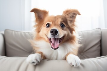 Cute dog lying on sofa at home, closeup. Friendly pet