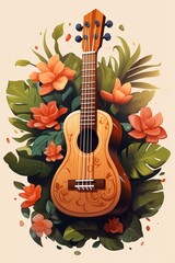 Hawaiian guitar with hibiscus flowers. Vector illustration.