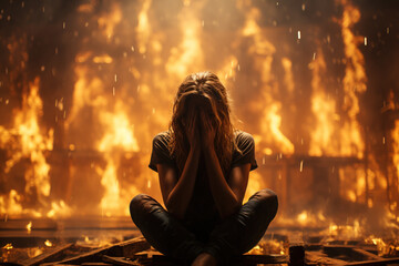 Desperate young woman at fault crying watching fire burning property. Property insurance protection security protect, real estate damage accidents unexpected disaster, impending loss, war concept