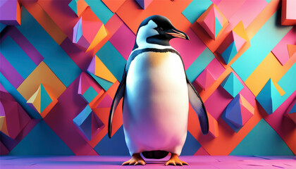 Pinguino 3D in una giornata colorata - obrazy, fototapety, plakaty