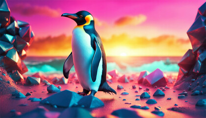 Pinguino animato in un nuovo mondo 3D - obrazy, fototapety, plakaty