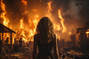 A young girl with long curly hair stands with her back to the camera against the background of a fire outdoors. World peace concept. - Powered by Adobe