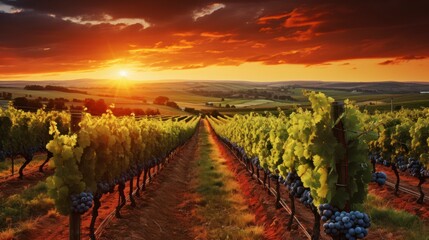 Naklejka premium Capturing the Beauty of a Sunset Over a Lush Vineyard. Generative AI