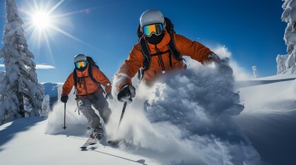 Snowboarders energetically descending the slope, kicking up swirls of snow on a clear sunny day. Concept: Skiing, family vacation in snow-capped mountains, winter resort on an alpine slope