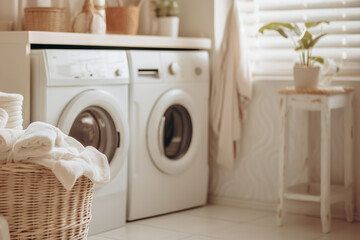 Interior of light laundry room with washing machine, clothes dryer and shelving unit with laundry box and detergents