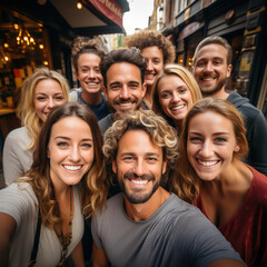 Fototapeta premium young people selfie photo having fun during summer vacations holydays, fisheye happy group