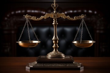 Scales of justice on wooden table in courtroom. Law and justice concept.