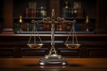 Scales of justice on wooden table in courtroom. Law and justice concept. - obrazy, fototapety, plakaty