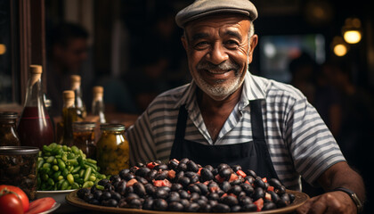 One man standing, smiling, holding fresh organic fruit generated by AI