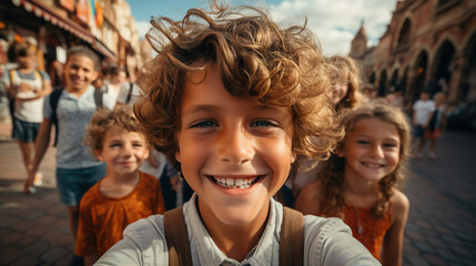 young people selfie photo having fun during summer vacations holydays, fisheye happy group