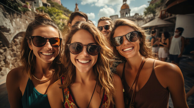 young people selfie photo having fun during summer vacations holydays, fisheye happy group