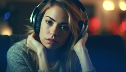 Fototapeta premium Young woman enjoying music in a comfortable home interior setting generated by AI