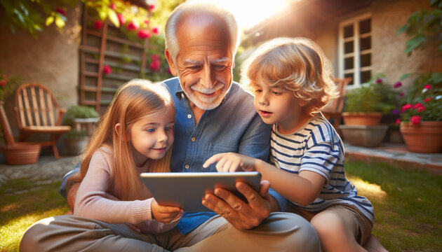 Caucasian grandfather shares a warm, sunlit moment learning technology from his grandkids.