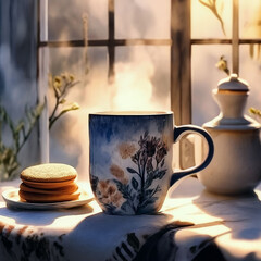 a cup of coffee and cookies on the table in front of the window