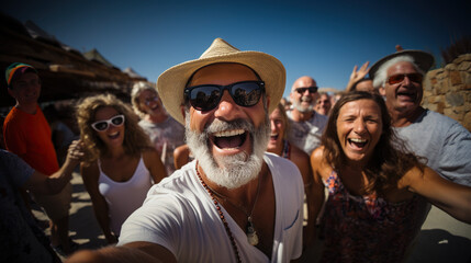 selfie photo of a group of happy people during summer vacation holydays, adult elderly fisheye - obrazy, fototapety, plakaty