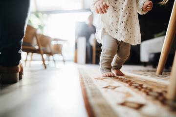 A baby's tiny bare feet take careful steps on a patterned rug, guided by an adult's hands, in a warm, sunlit room. - Powered by Adobe