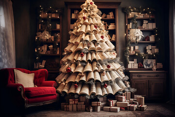 Innovative Christmas tree made from book pages with red decor in a cozy room